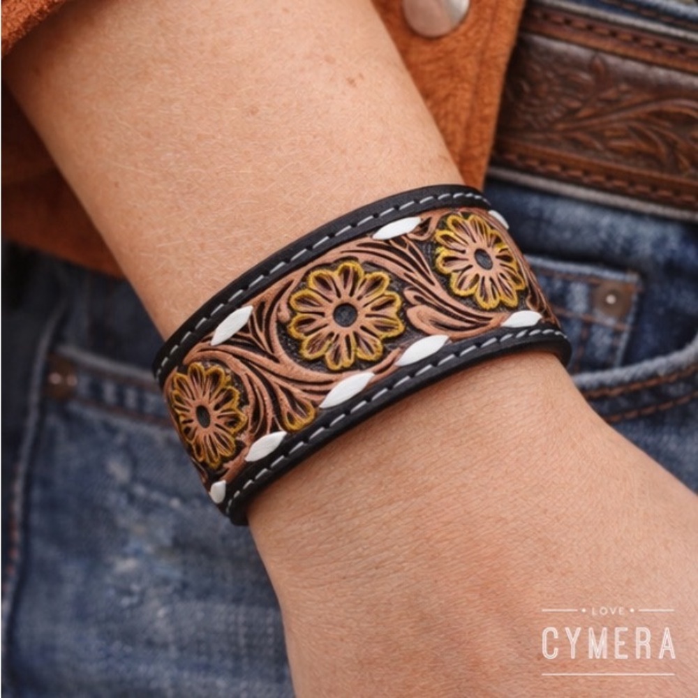 Western Tooled Leather Bracelet with Black and Brown Floral Accents